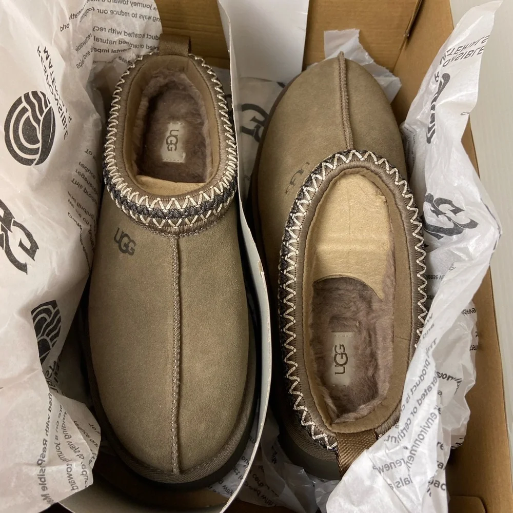 UGG Tazz Platform Slippers Womens 9 Driftwood Taupe Suede Plush Lined Shoes - Picture 12 of 14